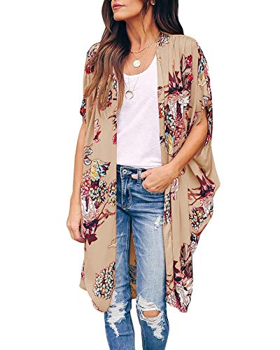 Ivay Damen-Kimono mit Blumenmuster, kurzärmelig, drapiert, übergroß, Strandumhang - Beige - Klein von Ivay