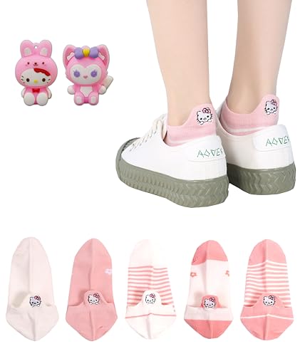 Ivedin 5er Pack Baumwoll-Sneakersocken mit gestickten Katzen | Für Damen, Jungen und Mädchen | Niedliche Kitty-Kätzchen auf der Ferse gestickt | Einheitsgröße 35 bis 40 EU (Pack 5 + Schl.) von Ivedin