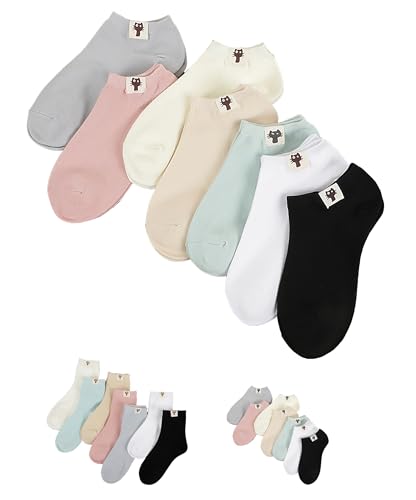Ivedin 7er-Pack Socken für Frauen und Mädchen | Einfarbige Baumwollsocken | Atmungsaktive und bequeme Socken | Niedliches Katzen-Design | Einheitsgröße 34-39 EU (Knöchelsocken) von Ivedin