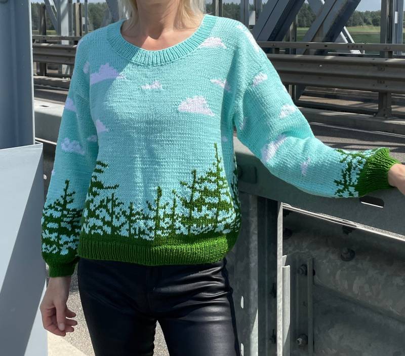 Wolkenpullover Handgestrickter Landschaftspullover Handgemachter Pullover Mit Kiefernwäldern Und Naturliebhabern Versandfertig von IvettyKcraft