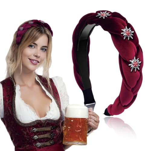 Ivrmtal Trachten Haarreif Samt – Dirndl Haarschmuck mit Edelweiss Strass, Geflochtenes Breit Haarband für Oktoberfest, Vintage Gepolsterte Haarreifen Eleganter Mode Kopfschmuck für Damen und Mädchen von Ivrmtal