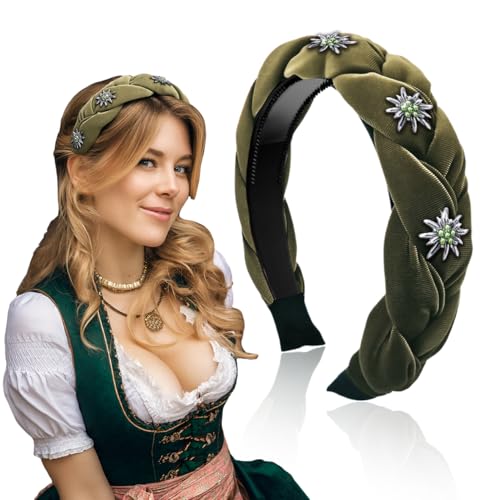 Ivrmtal Trachten Haarreif Samt – Dirndl Haarschmuck mit Edelweiss Strass, Geflochtenes Breit Haarband für Oktoberfest, Vintage Gepolsterte Haarreifen Eleganter Mode Kopfschmuck für Damen und Mädchen von Ivrmtal
