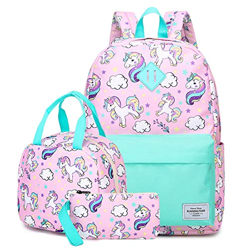 Einhorn Rucksack Maedchen, Schultaschen-Sets Schulranzen mit Isoliert Lunch Tasche Federmäppchen für Kinder Studenten Jugendliche zur Schule Reise(Rosa Grün) von IvyH