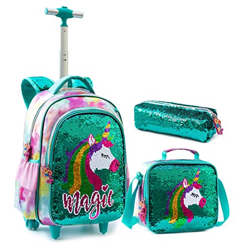 IvyH Kinder Rucksack mit Rädern, Mädchen Schulranzen Trolley Pailletten Schultasche mit Lunchtasche Mäppchen PU Schulrucksäcke Set(Grünes Einhorn) von IvyH