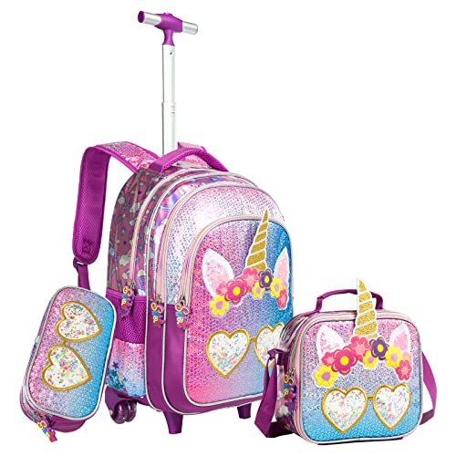 IvyH Kinder Trolley Rucksack für Mädchen, 3 in 1 Schultaschen Set mit Lunchtasche Federmäppchen, süßer Rollenrucksack für Grundschüler(EinhornB) von IvyH