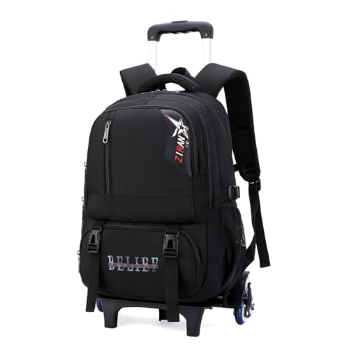 IvyH Rucksack Trolley Schulrucksack Jungen Teenager Schulranzen mit 6 Räder, Abnehmbar Kinderrucksack mit Rollen Lässig Trolley Schultasche für die Schule oder auf Reisen, 27L -Schwarz von IvyH