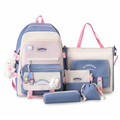 IvyH Schulranzen-Set 5-teilig, Schultasche Mädchen Rucksack Schule Teenager Schulrucksack für Mädchen der 3. bis 7. Klasse, School Bag Set mit Einkaufstasche Federmäppchen Brustbeutel,45 cm-Blau von IvyH