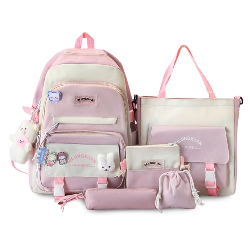 IvyH Schulranzen-Set 5-teilig, Schultasche Mädchen Rucksack Schule Teenager Schulrucksack für Mädchen der 3. bis 7. Klasse, School Bag Set mit Einkaufstasche Federmäppchen Brustbeutel,45 cm-Rosa von IvyH