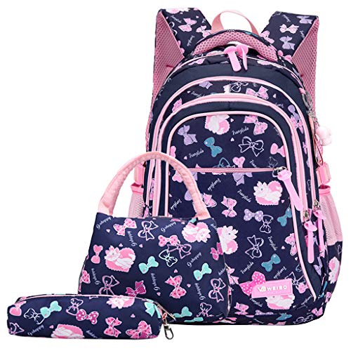 Rucksack Mädchen, Schultaschen Set 3 Teile Set Schulrucksack mit Lunch-Taschen Federmäppchen Bedruckte Lässige Tagesrucksäcke Geeignet für Kinder/Grundschüler/Mittelstufe/Teens(Tiefes Blau) von IvyH