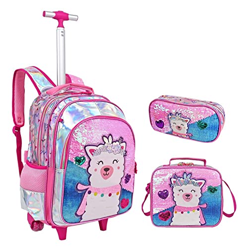 IvyH Rucksack Mädchen Schulranzen Trolley, Kinderrucksack Pailletten Schultaschen-Sets mit Lunch Tasche Federmäppchen Multifunktion Personalisiert PU Rucksack Trolley für Kinder Schule Reisen(Schaf) von IvyH