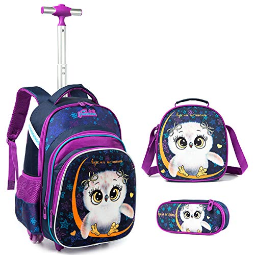 Rucksack Trolley Mädchen Schultaschen Trolley, Grundschule Trolley Rucksack mit Lunch Tasche Federmäppchen 4 in 1 Eule Schultaschen-Sets Ideal für Kinder Schüler der Klassen 1-6 von IvyH