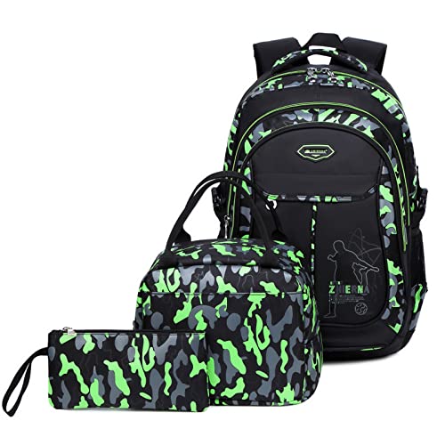 Schulrucksack Jungen Teenager, Kinderrucksack Camouflage Rucksäcke Jugendliche Jungen Mädchen 3-In-1 Schulranzen für Schule(Grün) von IvyH