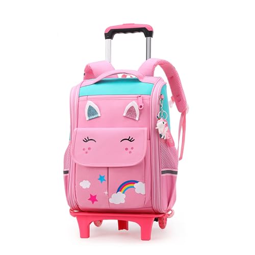 Schulrucksack Mädchen Jungen Teenager Rollen Trolleytasche Schulranzen Schulranzen Mädchen mit Rollen Schultasche Trolley Kinderrucksack Schultasche Laptoptasche 6-12 Jahre Alt, Rosa von IvyH