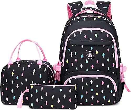 Schulrucksack Rucksack Mädchen, Schultaschen 3 Teile Set Schulranzen mit Lunch-Taschen Federmäppchen Freizeitrucksack Wasserdichter für Kinder/Grundschüler/Schüler der Mittelstufe/Teens(Schwarz) von IvyH