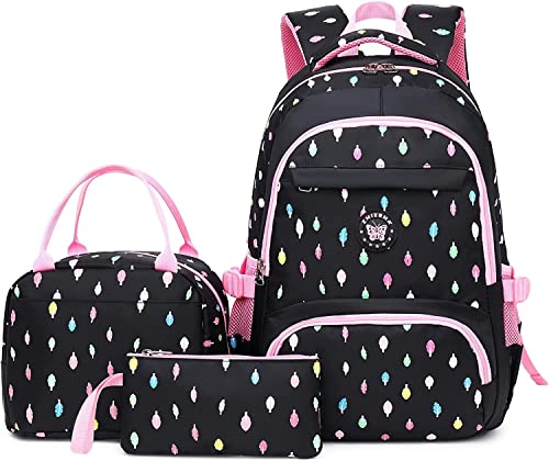 IvyH Schulrucksack Rucksack Mädchen, Schultaschen 3 Teile Set Schulranzen mit Lunch-Taschen Federmäppchen Freizeitrucksack Wasserdichter für Kinder/Grundschüler/Schüler der Mittelstufe/Teens(Schwarz) von IvyH