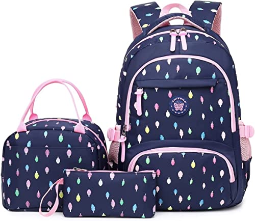 Schulrucksack Rucksack Mädchen, Schultaschen 3 Teile Set Schulranzen mit Lunch-Taschen Federmäppchen Freizeitrucksack Wasserdichter für Kinder/Grundschüler/Schüler der Mittelstufe/Teens(Tiefes Blau) von IvyH