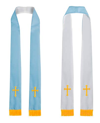 IvyRobes Unisex Erwachsene Reversibel Kirche Klerus Stola mit Goldstickerei Kreuz 229cm Chor Priester Blau Weiß von IvyRobes