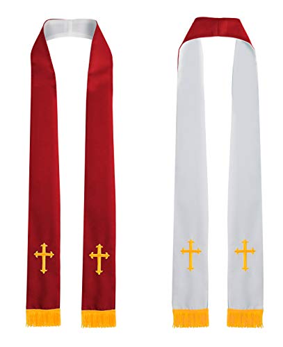 IvyRobes Unisex Erwachsene Reversibel Kirche Klerus Stola mit Goldstickerei Kreuz 229cm Chor Priester Rot Weiß von IvyRobes