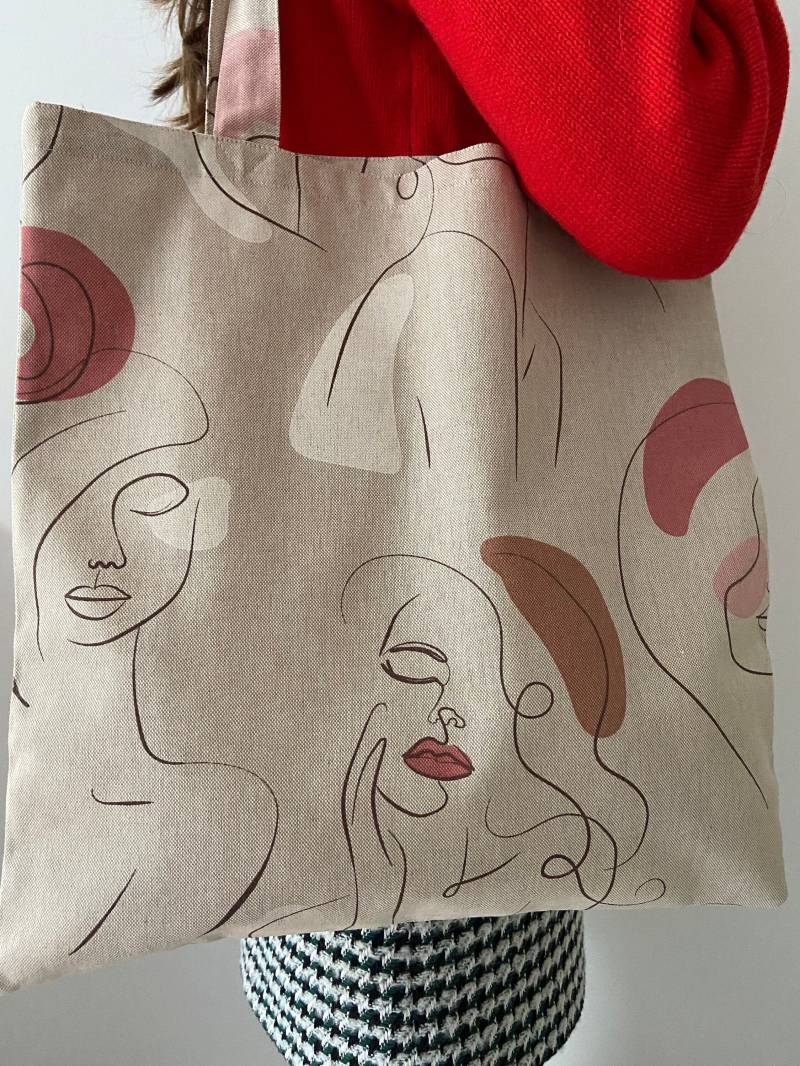 Große Stofftasche Einkaufstasche. Stoffbeutel One-Line-Art Design. Faces. Handgemachte Tasche. Für Frauen. Einkaufsbeutel von IwaStudio