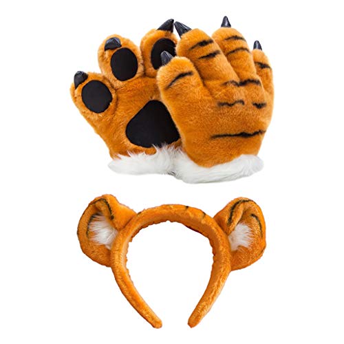 Ixkbiced Plüsch Tiger Cosplay Kostüm Set Süße Ohren Stirnband Animal Paw Gloves Party Requisiten von Ixkbiced