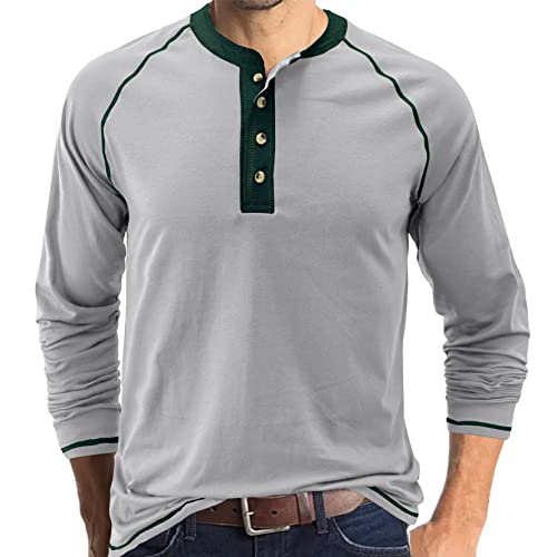 Henley-Langarm-T-Shirt für Herren, lässig, einfarbig, grau, L von IyMoo