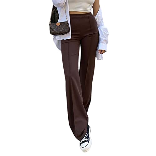 IyMoo Frauen Dehnbare Weite Bein Hosen Slacks Casual Zurück Reißverschluss Hohe Taille Gerade Kleid Lange Hosen Arbeit, Braun, XX-Large von IyMoo