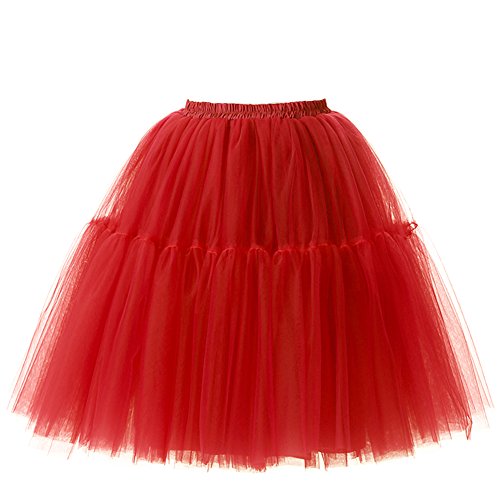 Izanoy Damen Vintage Tüllrock 5 Lage Prinzessin Falten Rock Tutu Petticoat Ballettrock Unterrock Pettiskirt Rot One Size/Einheitsgröße von Izanoy