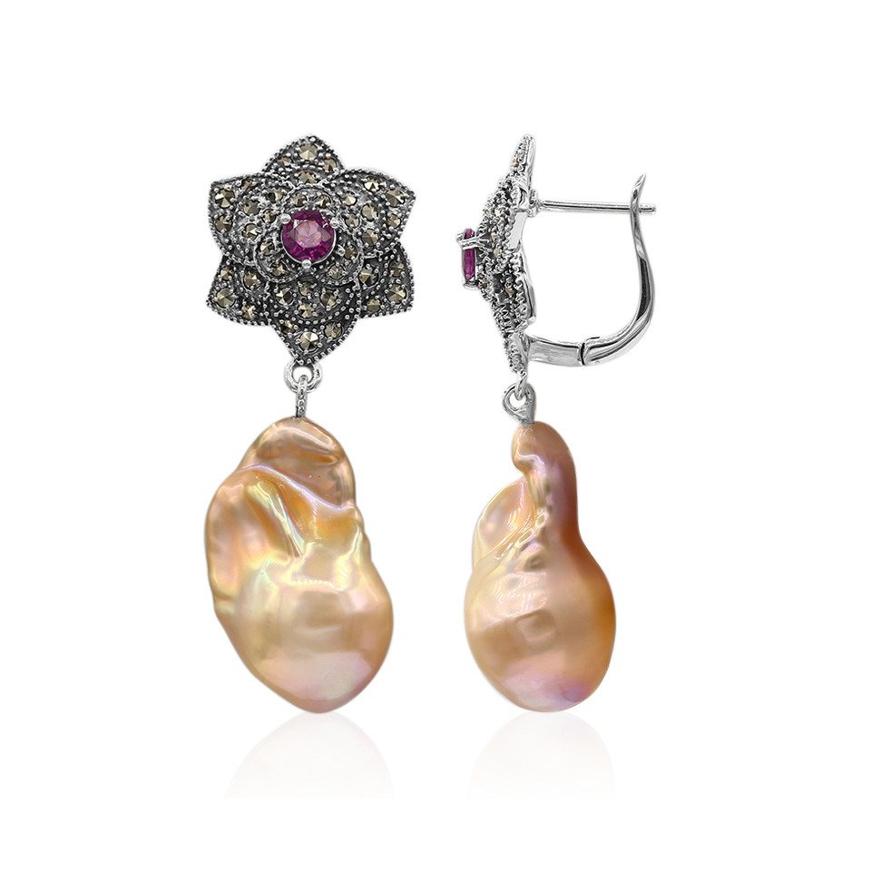 Cavill Perlenohrringe Vintage Rosa Rubin Akzent Silber Ohrringe, Barock Perlen (2-tlg) von Cavill