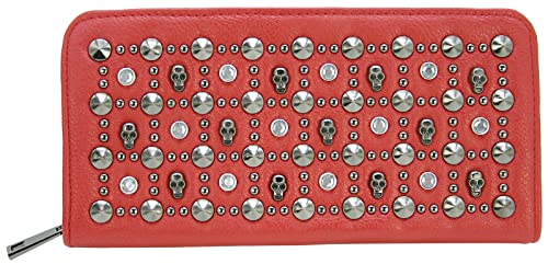 Damen Geldbörse, Großes Clutch Portemonnaie mit Totenkopf-Nieten, Rot von J JONES JENNIFER JONES