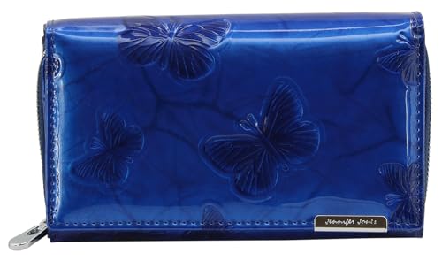Jennifer Jones - Damen Leder Geldbörse Groß Geldbeutel viele Fächer Portemonnaie mit RFID-Schutz Schmetterlings-Motiv Blau von J JONES JENNIFER JONES