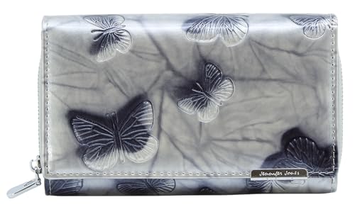 Jennifer Jones - Damen Leder Geldbörse Groß Geldbeutel viele Fächer Portemonnaie mit RFID-Schutz Schmetterlings-Motiv Silber von J JONES JENNIFER JONES