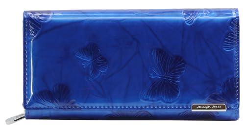 Jennifer Jones - Leder Damen Geldbörse Schmetterling Design Großer Geldbeutel Modisches Lack-Leder RFID-Schutz Blau von J JONES JENNIFER JONES