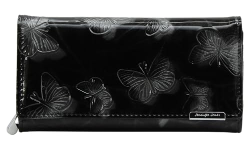 Jennifer Jones - Leder Damen Geldbörse Schmetterling Design Großer Geldbeutel Modisches Lack-Leder RFID-Schutz Schwarz von J JONES JENNIFER JONES