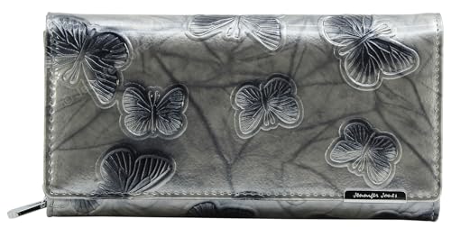 Jennifer Jones - Leder Damen Geldbörse Schmetterling Design Großer Geldbeutel Modisches Lack-Leder RFID-Schutz Silber Jennifer Jones - Leder Damen Geldbörse Schmetterling Design Großer Geldbeutel Modisches Lack-Leder RFID-Schutz Silber von J JONES JENNIFER JONES