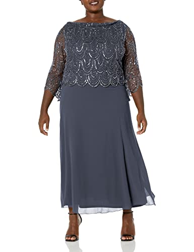 J Kara Damen Petite 3/4 Scallop Beaded Pop Over Gown Kleid für besondere Anlässe, Grau/Quecksilber/Pistole, 44 von J Kara