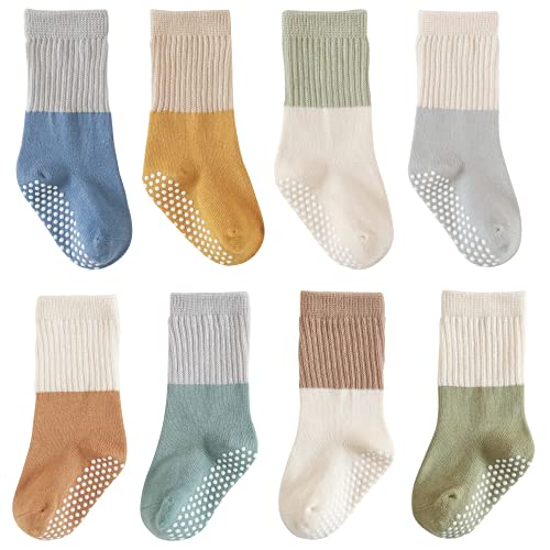 J Poqobog Kleinkind Baby Mädchen Jungen Socken - Baumwolle Rundsocken für Baby Geschenke Pack Baumwollreiche Kniestrümpfe Set (1-3 Jahre, Blau Grün Rutschfest 8 Paar) von J Poqobog