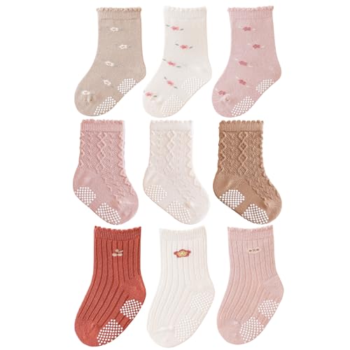 J Poqobog Rutschfeste Socken für Baby Mädchen Jungen 9 Paar Kinder Anti Rutsch abs Socken Sportsocken Stoppersocken (12-24 Monate,Mädchen2-9P) von J Poqobog