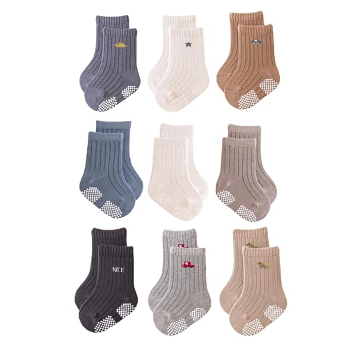 J Poqobog Rutschfeste Socken für Baby Mädchen Jungen 9 Paar Kinder Anti Rutsch abs Socken Sportsocken Stoppersocken (2-3 Jahre, Jungen-9P) von J Poqobog