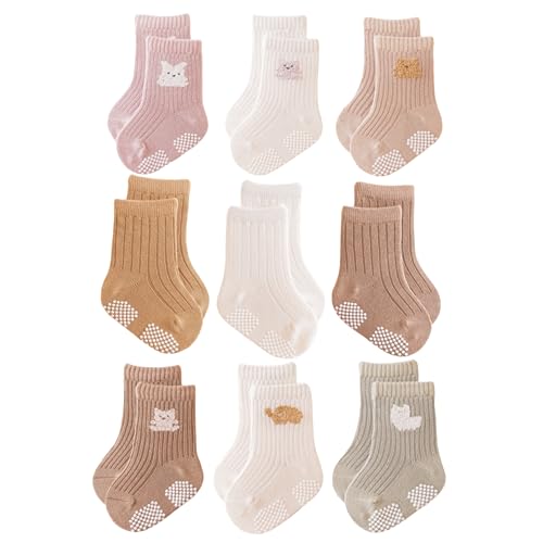 J Poqobog Rutschfeste Socken für Baby Mädchen Jungen 9 Paar Kinder Anti Rutsch abs Socken Sportsocken Stoppersocken (3-12 Monate,Mädchen-9P) von J Poqobog