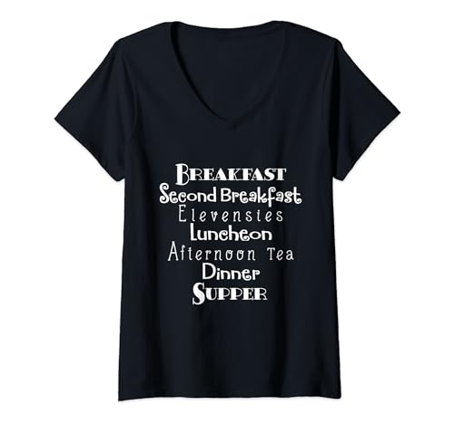 Damen Breakfast, Second Breakfast, Elevenses Luncheon T-Shirt mit V-Ausschnitt von J Text