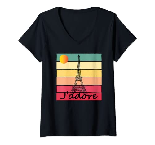 Damen J'adore Eiffelturm Retro Sonnenuntergang Paris Frankreich T-Shirt mit V-Ausschnitt Damen J'adore Eiffelturm Retro Sonnenuntergang Paris Frankreich T-Shirt mit V-Ausschnitt von J'adore Paris France Popular Saying