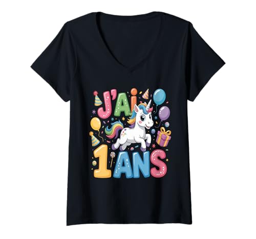 Damen Enfant Unicorn Kind 1ans Anniversaire Garcon Licorne Mädchen T-Shirt mit V-Ausschnitt von J'ai 1 Ans licorne Anniversaire