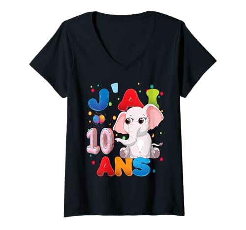 Damen Elefant Kind 10 Jahre Geburtstag Junge Mädchen Elefant T-Shirt mit V-Ausschnitt Damen Elefant Kind 10 Jahre Geburtstag Junge Mädchen Elefant T-Shirt mit V-Ausschnitt von J'ai 10 Ans 10e Éléphant Anniversaire