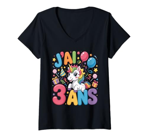 Damen Enfant Unicorn Kind 3ans Anniversaire Garcon Licorne Mädchen T-Shirt mit V-Ausschnitt von J'ai 3 Ans licorne Anniversaire