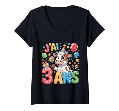 Damen Enfant Vache Enfant 3ans Anniversaire Garcon Fille Cow T-Shirt mit V-Ausschnitt Damen Enfant Vache Enfant 3ans Anniversaire Garcon Fille Cow T-Shirt mit V-Ausschnitt von J'ai 3 Ans vache Anniversaire