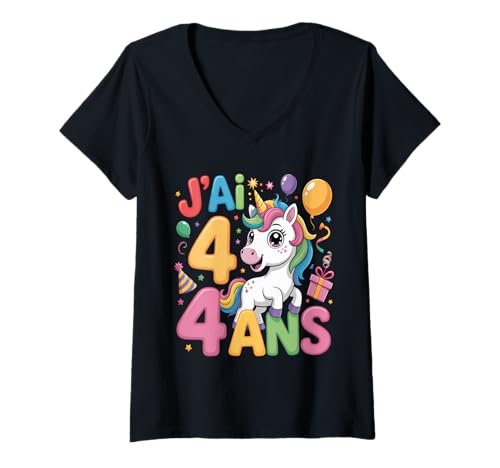 Damen Enfant Unicorn Enfant 4ans Anniversaire Garcon Licorne Mädchen T-Shirt mit V-Ausschnitt von J'ai 4 Ans licorne Anniversaire
