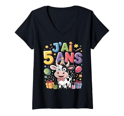 Damen Enfant Vache Enfant 5 ans Anniversaire Garcon Fille T-Shirt mit V-Ausschnitt Damen Enfant Vache Enfant 5 ans Anniversaire Garcon Fille T-Shirt mit V-Ausschnitt von J'ai 5 Ans vache Anniversaire