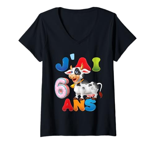 Damen Kuh Kind 6 Jahre Geburtstag Junge Mädchen Kuh T-Shirt mit V-Ausschnitt Damen Kuh Kind 6 Jahre Geburtstag Junge Mädchen Kuh T-Shirt mit V-Ausschnitt von J'ai 6 Ans 6e Vache Anniversaire