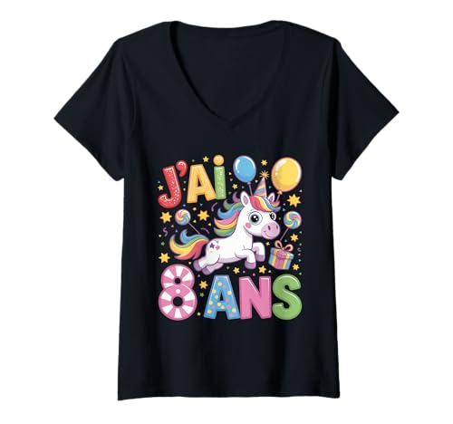 Damen Enfant Unicorn Enfant 8ans Anniversaire Garcon Licorne Mädchen T-Shirt mit V-Ausschnitt Damen Enfant Unicorn Enfant 8ans Anniversaire Garcon Licorne Mädchen T-Shirt mit V-Ausschnitt von J'ai 8 Ans licorne Anniversaire