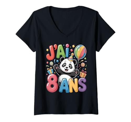 Damen Enfant Panda Enfant 8ans Anniversary Garcon Fille Panda T-Shirt mit V-Ausschnitt von J'ai 8 Ans panda Anniversaire